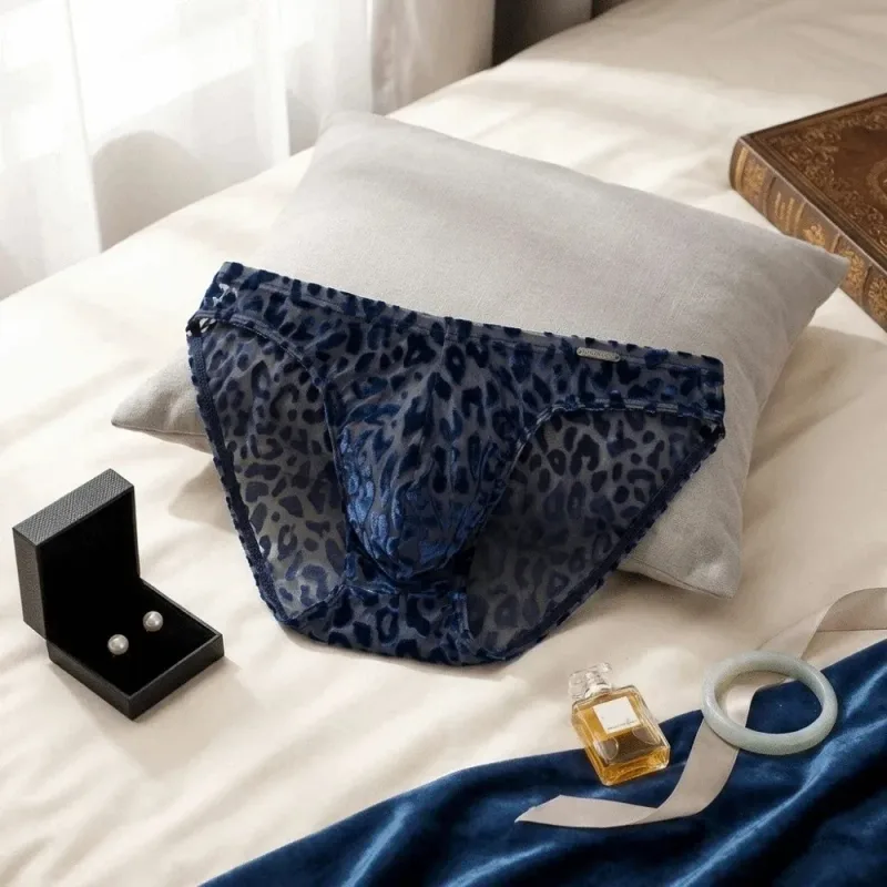 Quick Dry Ice Silk Men Briefs Lingerie Low Waist Sheer Underwear Convex Pouch Transparent Leopard Print Panties Male