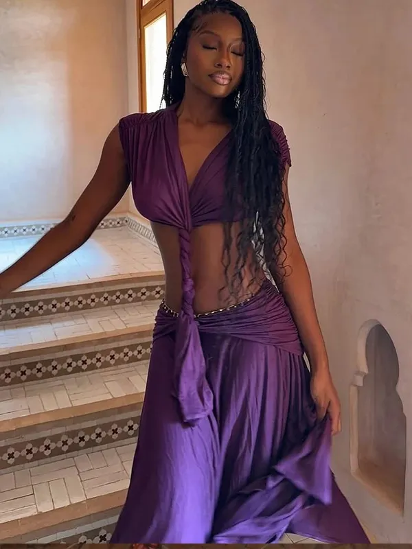 Nibber Prom Party Maxi Dress Woman Sexy Hollow Design Low-Neck Sleeveless Backless Waistless Ruched Midnight Elegant Vestidos