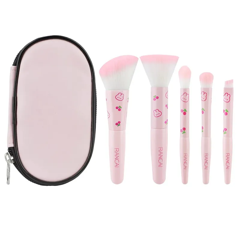 5Pcs Cute Compact Makeup Brush Set na May Case Premium Brush para sa Flawless Foundation Blush Eyeshadow Application Beauty Tools