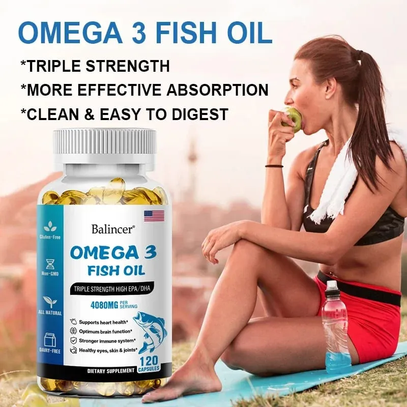 Balincer Wild Caught Omega 3 Minyak Ikan Softgels- Kekuatan Tiga Kali Lipat Tinggi EPA 1200mg DHA 900mg Non-GMO Suplemen Makanan Bebas Gluten