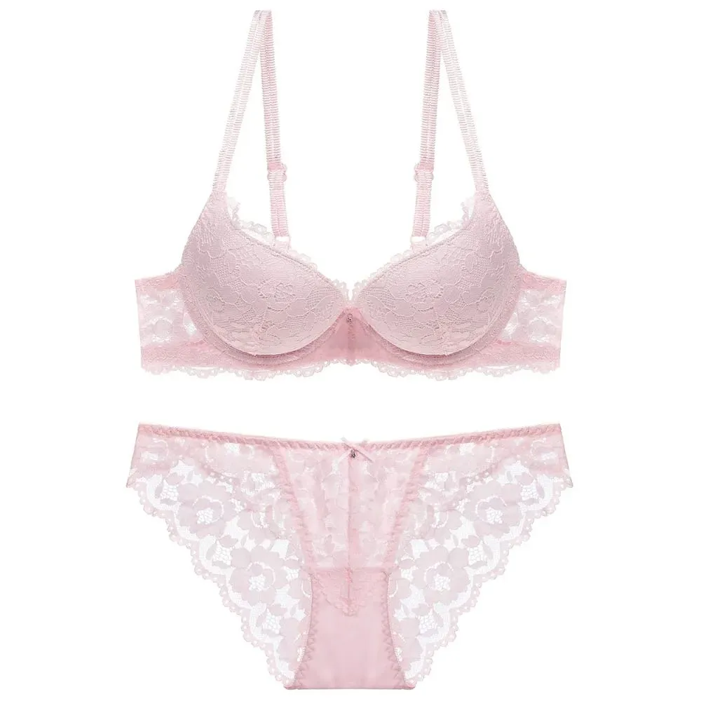 Sweet Mesh Lace Flower Bra Low Waist Bowknot Push Up Bra Women Lingerie Intimates Bra Panties Set Girl
