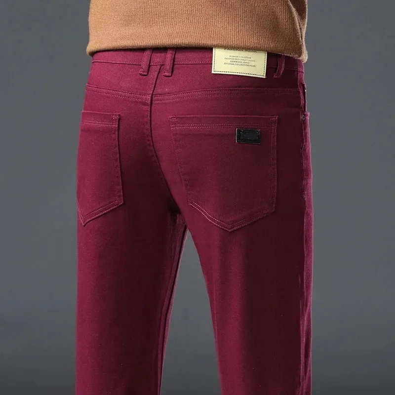 ArmyGreen Elastic Cotton Jeans Men's Spring Fashion Slim Straight Denim Pants Comfort Large Size Korean Business Casual Trousers