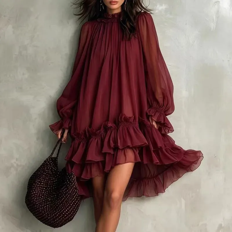 Boho Loose Swing Dress Ladies Ruffle O Neck Lantern Sleeve Multi‑Tiered Ruffle Hem Mini Dress Casual Beach Holiday Short Dresses