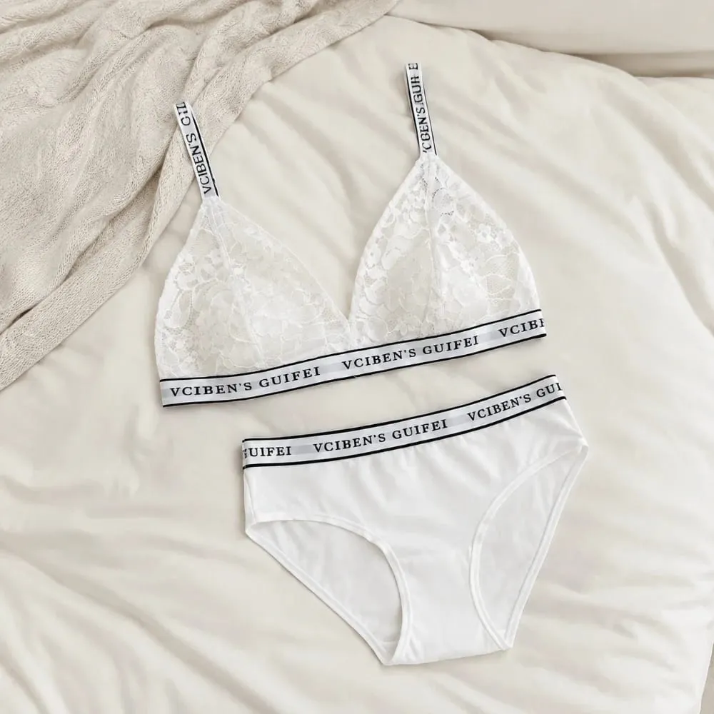 Confortável carta design lingerie conjunto profundo v sem fio roupa interior feminina terno renda cor bloqueando sutiã calcinha conjunto menina