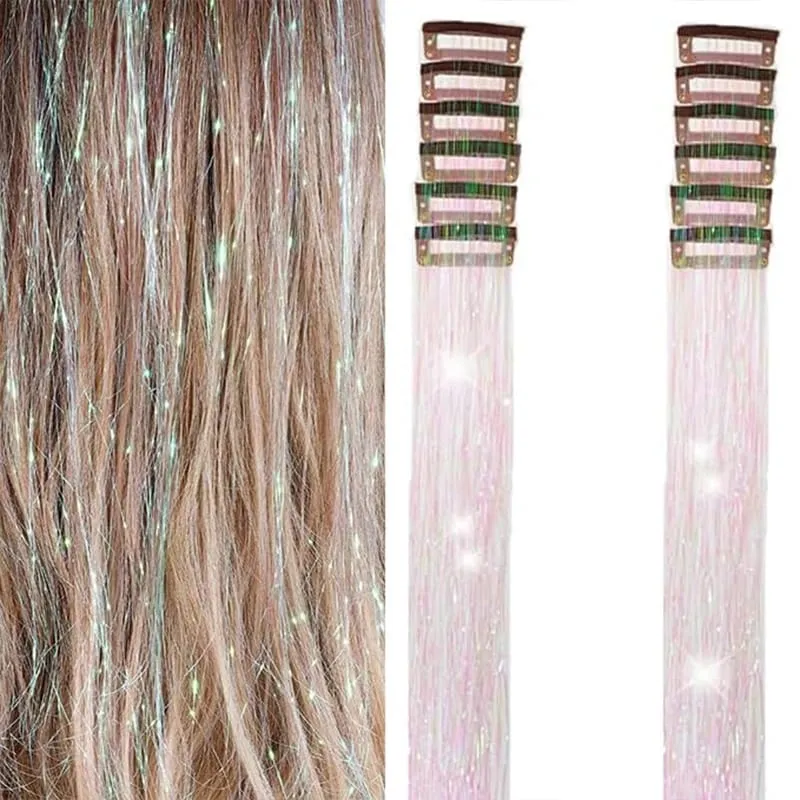 Red Hair Tinsel 12Pcs Clip in Hair Tinsel Kit 22Inch Tinsel Hair Extensions Christmas Hair Tinsel Party Festival Accessories