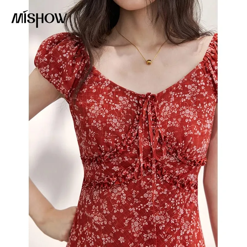Women's Vintage Red Floral Chiffon Midi Dress 2026 Summer Square Neck Ruffle Tie Front Slim Long Dresses MXF24L2716