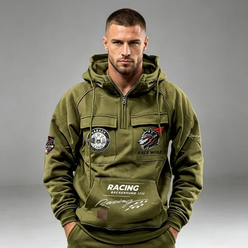 Men's Racing Suit With Large Pockets And Hooded Pullover. Men's Multi-pocket Outdoor Camping Hiking Sports Casual Jacket.