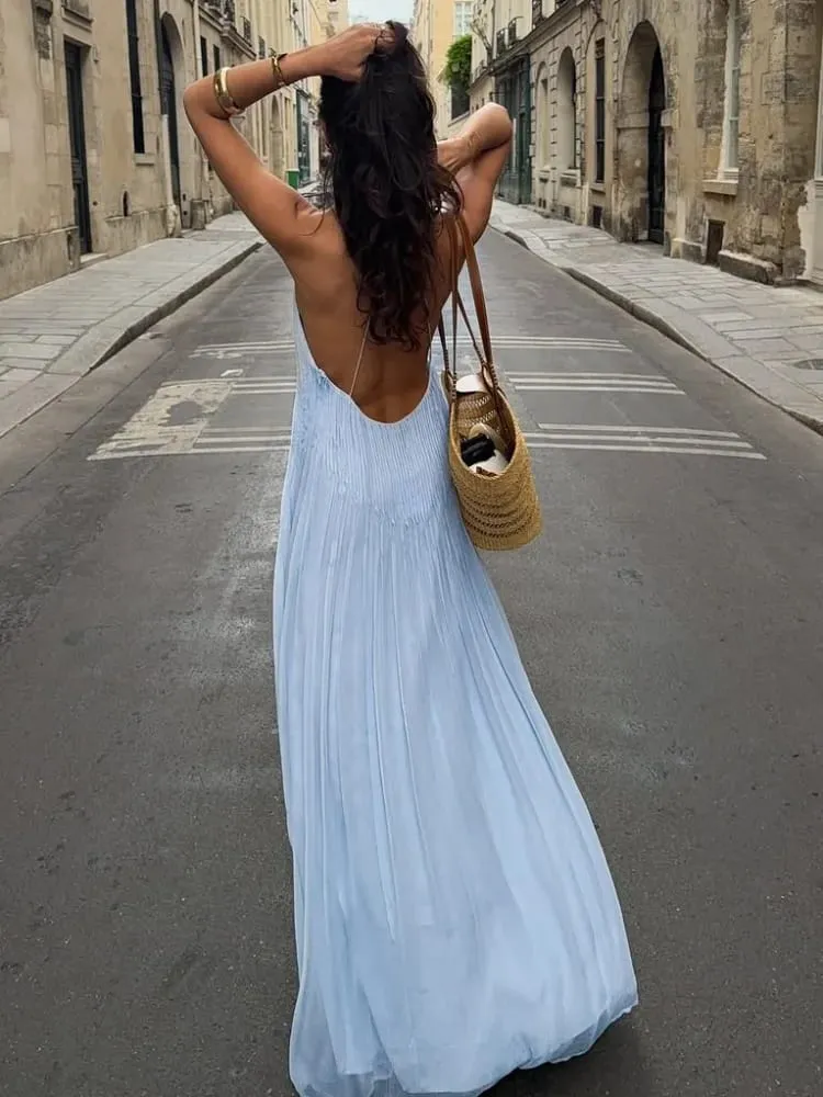 Sexy dámské jednobarevné plisované dlouhé šaty elegantní bez rukávů podvazkové šaty slim fit šaty na plážový večírek