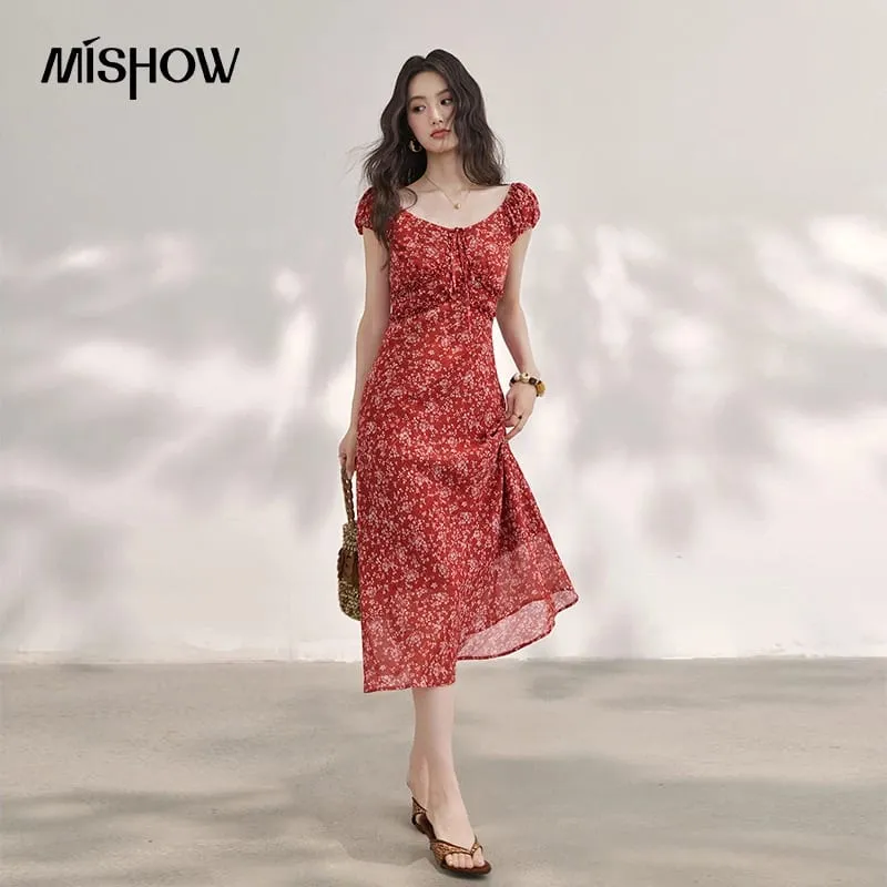 Women's Vintage Red Floral Chiffon Midi Dress 2026 Summer Square Neck Ruffle Tie Front Slim Long Dresses MXF24L2716