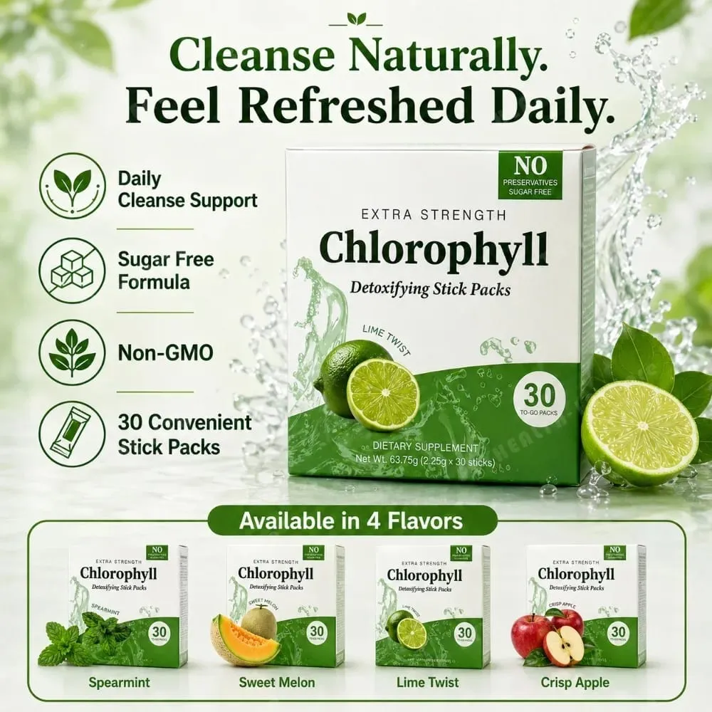 Chlorophyll Chlorophyllin 120mg Detox Stick Packs 30ct Sugar Free Prebiotic Gut Health Daily Support Non GMO Keto Supplement