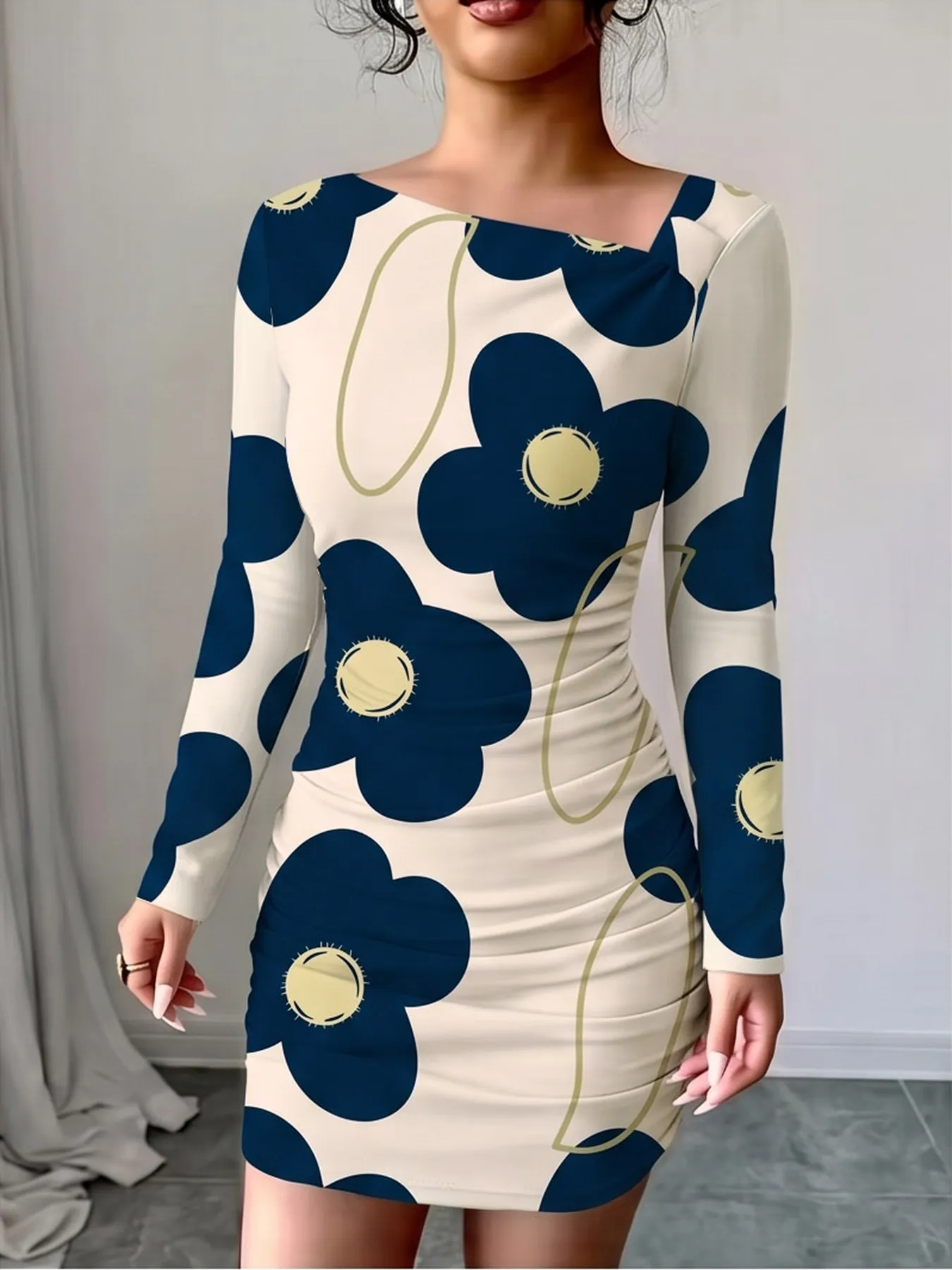 Women's Casual Comfortable Slanted Shoulder Collar Dress with Flower Print Long Sleeves Waist Bag Hip Mini Skirt Length