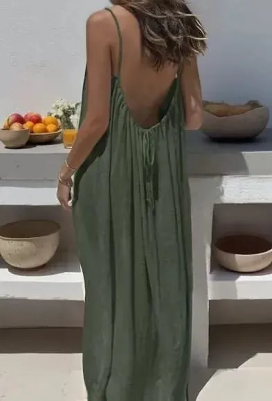 Women's Loose Sundress Sexy Backless Lace Up Slip White Linen Homewear Long Maxi Party Dresses OUFY-20260409001