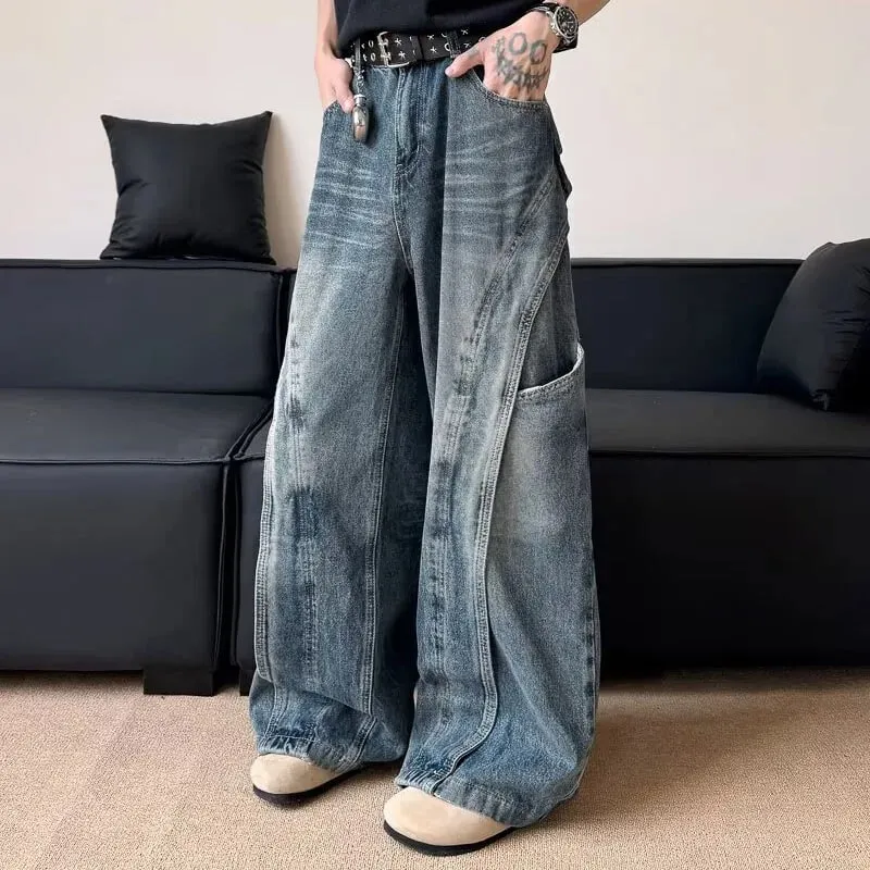 Korean Version Men'S Curved Knife Jeans With Loose Retro Design Straight Leg Pants Casual Large Pocket Wide Leg Pants