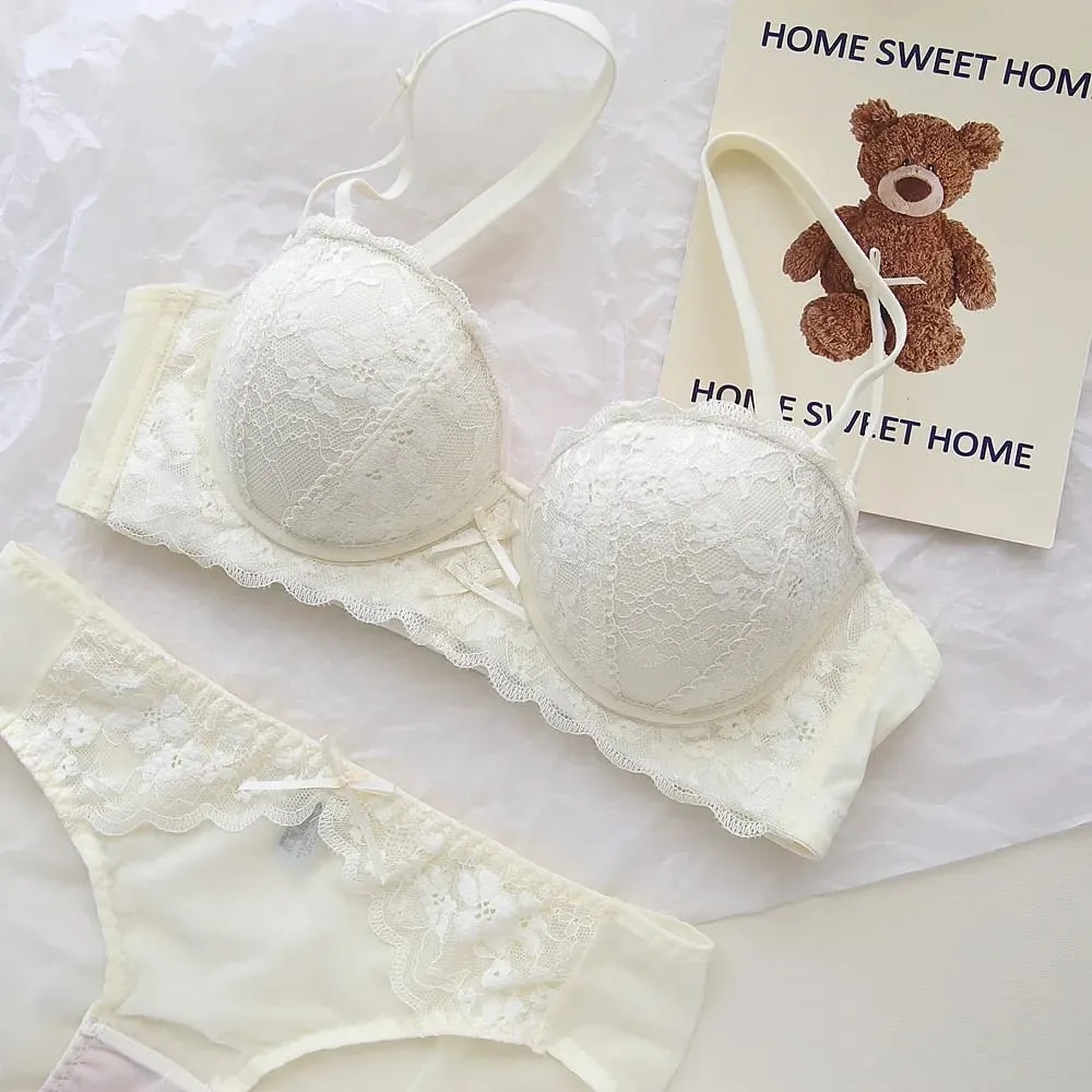French Lace Women Bra Set Wire Free Push Up Lingerie Set Small Bust Lift Enhance Brassiere And Panty Underwear 32‑38