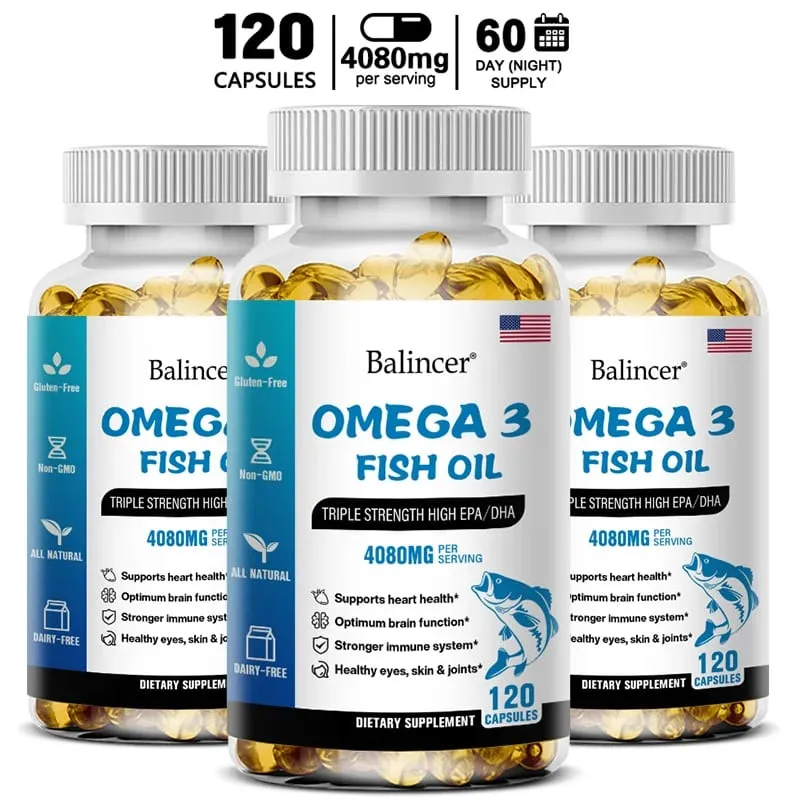Balincer Wild Caught Omega 3 Minyak Ikan Softgels- Kekuatan Tiga Kali Lipat Tinggi EPA 1200mg DHA 900mg Non-GMO Suplemen Makanan Bebas Gluten