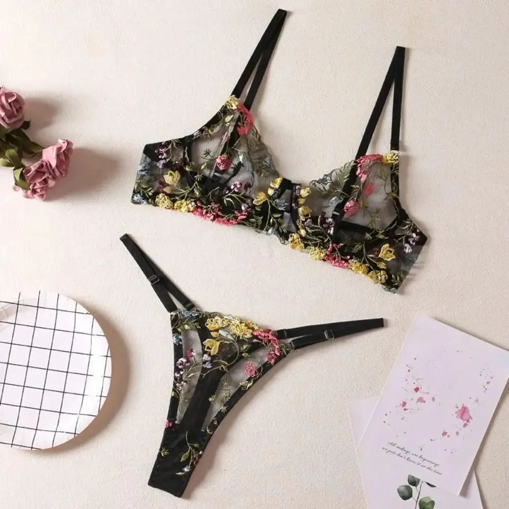 Versatile Transparent Lingerie Set Push Up Elegant Embroidery Floral Underwear Ultra-thin Bra Suit Lady — image 3