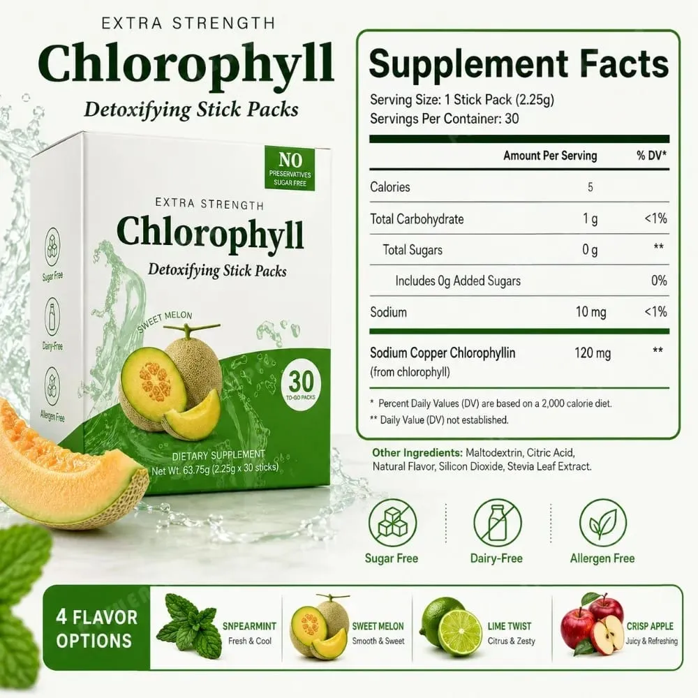 Chlorophyll Chlorophyllin 120mg Detox Stick Packs 30ct Sugar Free Prebiotic Gut Health Daily Support Non GMO Keto Supplement