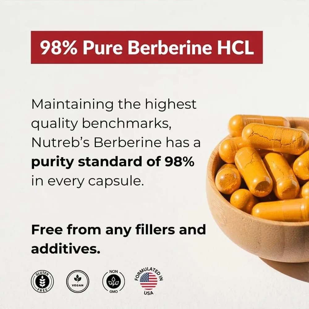 Berberine HCl Supplement - for Metabolism & Cholesterol Weight Management GI & Immunity Vegetarian Gluten-Free