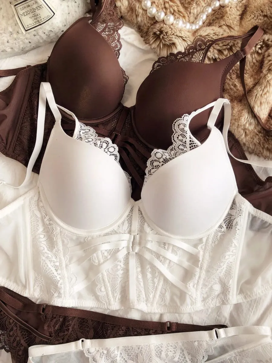 Sexy Lace Camisole with Extended Bra Set Fishbone-Supported Waist-Cinching Underwear Deep V Women Lingerie Panty