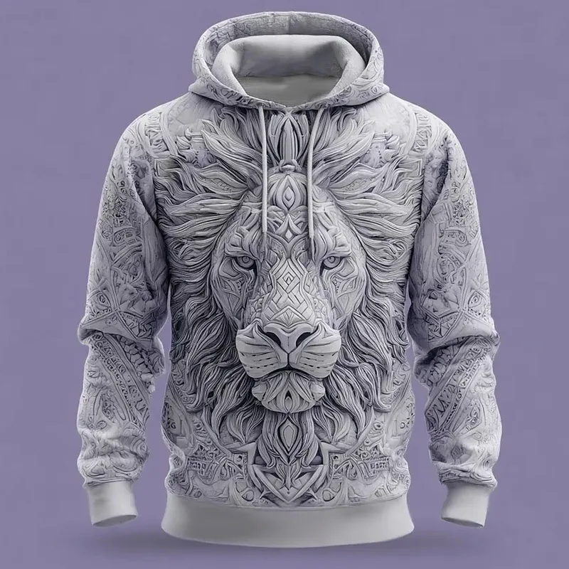 2026 Fall Winter Men's Vintage Animal Lion 3D Prints Hooded Hoodies Sweatshirt Long Sleeve Crew Neck Streetwear Drawstring Tops
