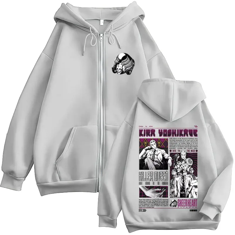 Anime Jojo Bizarre Adventure Kira Yoshikage Killer Queen Zipper Hoodies Men Women Fashion Zip Up Hooded Sweatshirts Jackets Coat