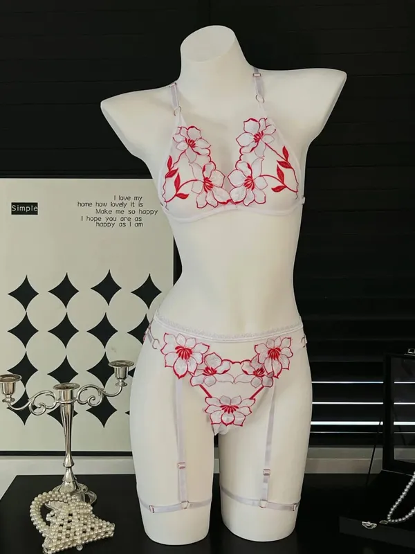 3Pcs/Set Flower Sexy Bra Set Women Bralette Girls Lace Underwear Thong Erotic Transparent Bras Lingerie Panty Sets