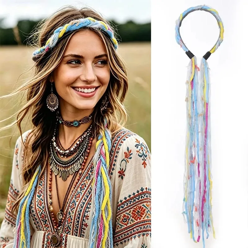 Plush Maillard Colored Long Tassel Headband Bohemian Hair Accessory Suitable for Women's Parties