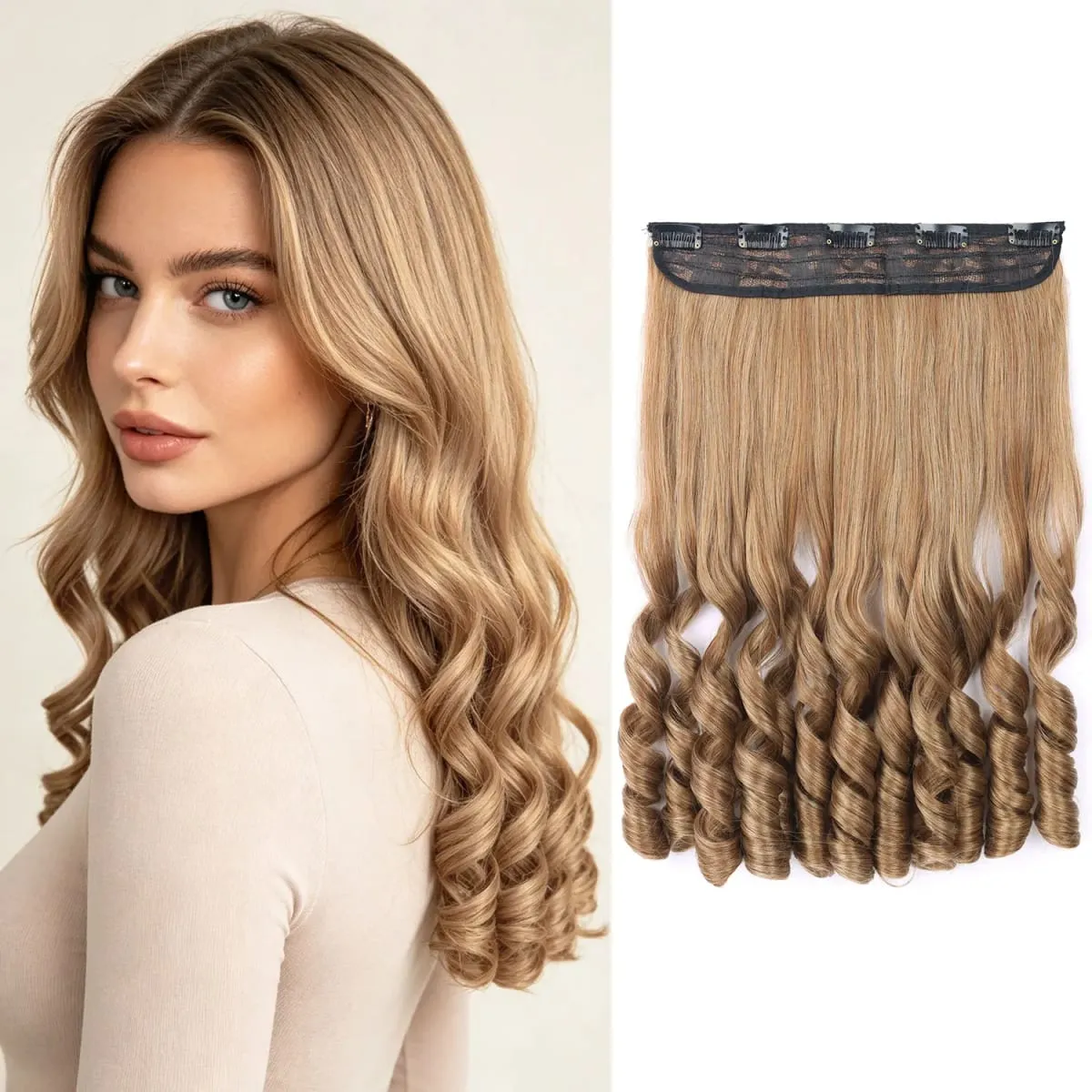 Synthetic clip in one piece hair extensions 5 clips in one piece hair wavy style 16inch french curl for women ladies daily party