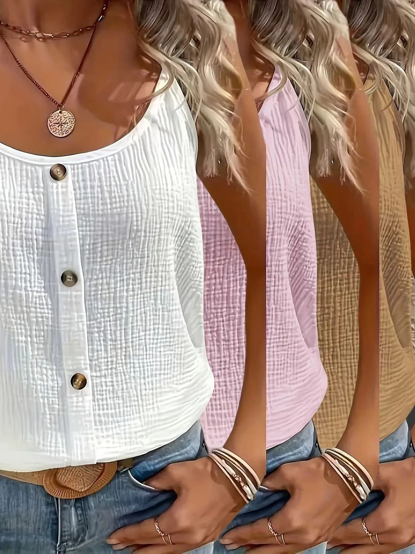 Summer Solid Color Stretchy Comfortable Camisole Tank Top 3pcs Set for Home Outings Travel and Vacations