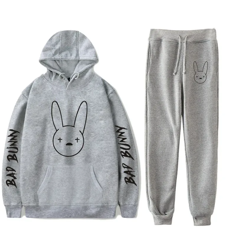 Harajuku Comfortable Funny bad bunny Print Sweatshirt Sweatpants Suit Men/Women Hoodies+ Trousers Suit Cute 2 Piece Set Clothes