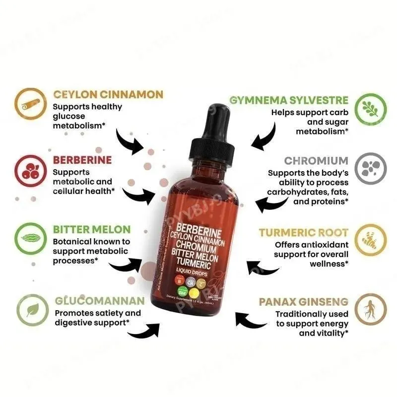 Berberine Chromium Turmeric & Ginseng 2oz Liquid Drops Organic Herbal Supplement for Wellness Supports Healthy Balance