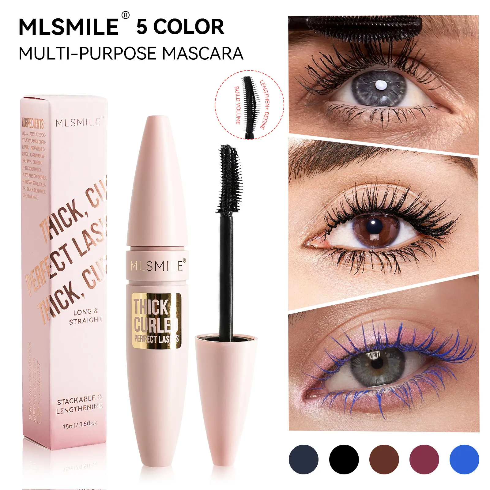 Färgglad Mascara Thick Curl Vattentät Naturlig Ögonfrans Förlänger Långvarig Snabbtorkande Blå Brun Svart Mascara ögonmakeup