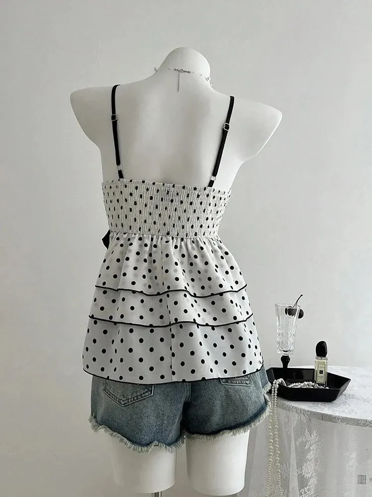 French-Style Retro Lace Patchwork Color-Blocked Bow Polka Dot Camisole Sweet Youthful Stylish Slimming Vacation High-End Top for Women Women's Clothing
