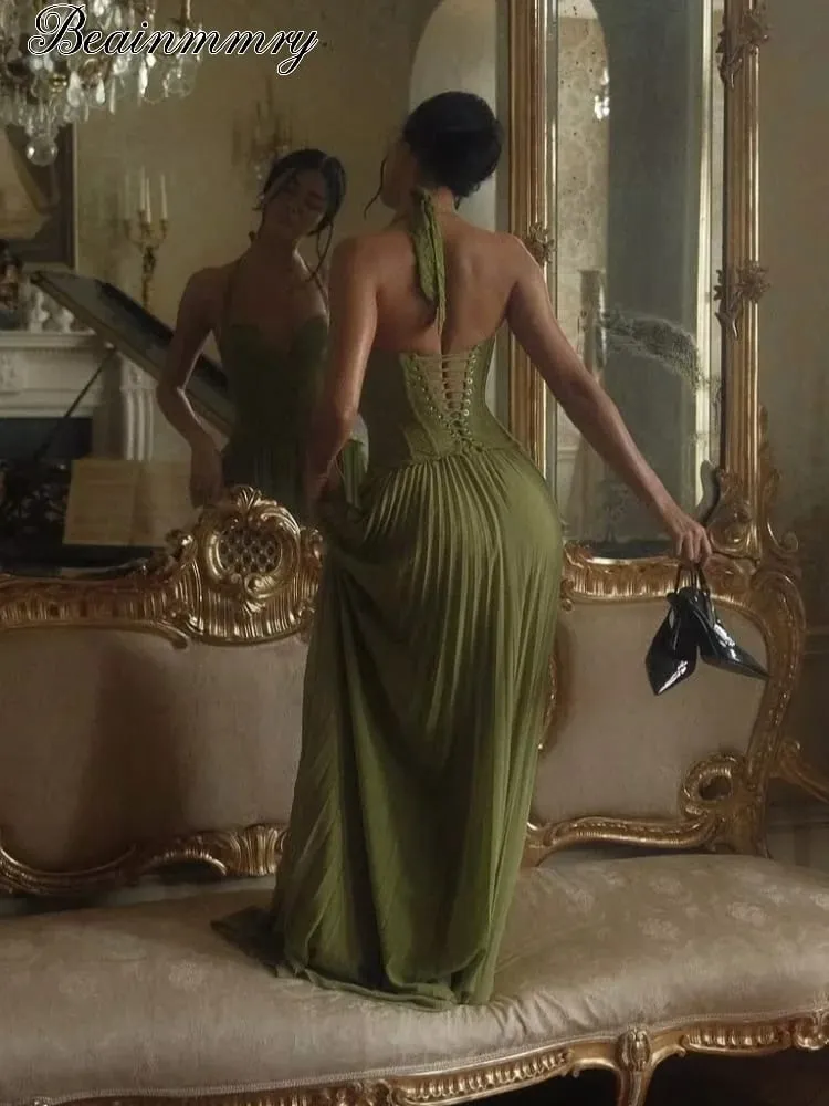 Robe Maxi en arête de poisson verte pour femmes, dos nu, épaules dénudées, plissée, col en cœur, Slim, Robe de fête de noël, nouvelle collection