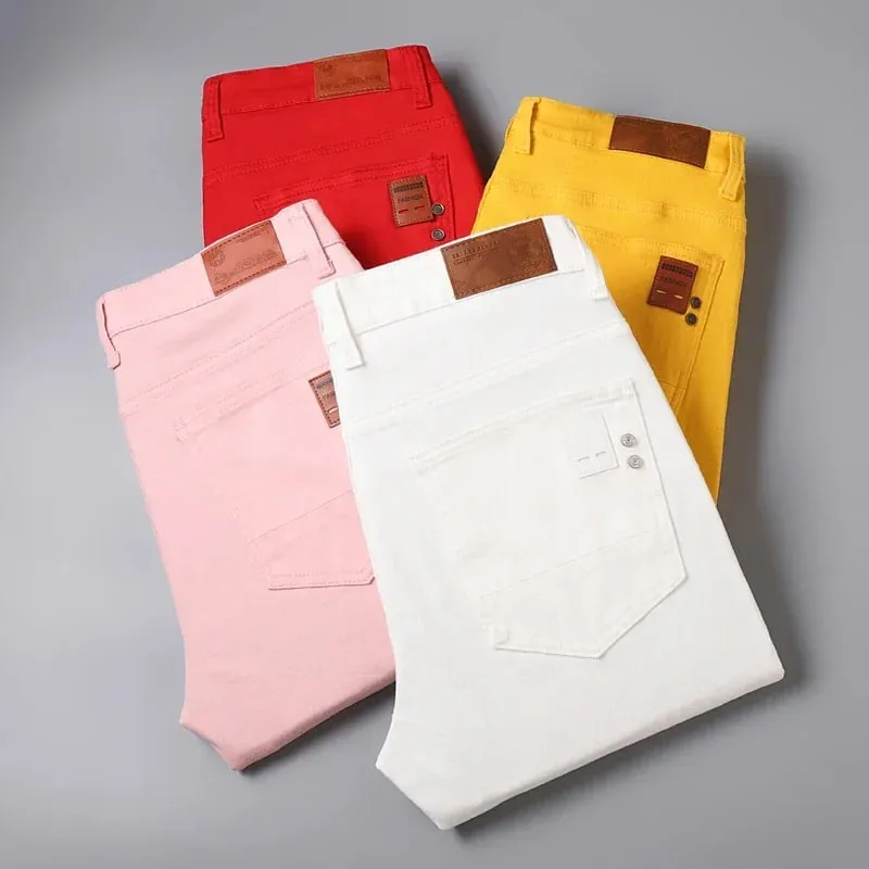 Slim Elastic Jeans Men's Colorful Fashion Korean Pants Spring Autumn Soft Comfortable Casual Straight Denim Trousers Streetwear