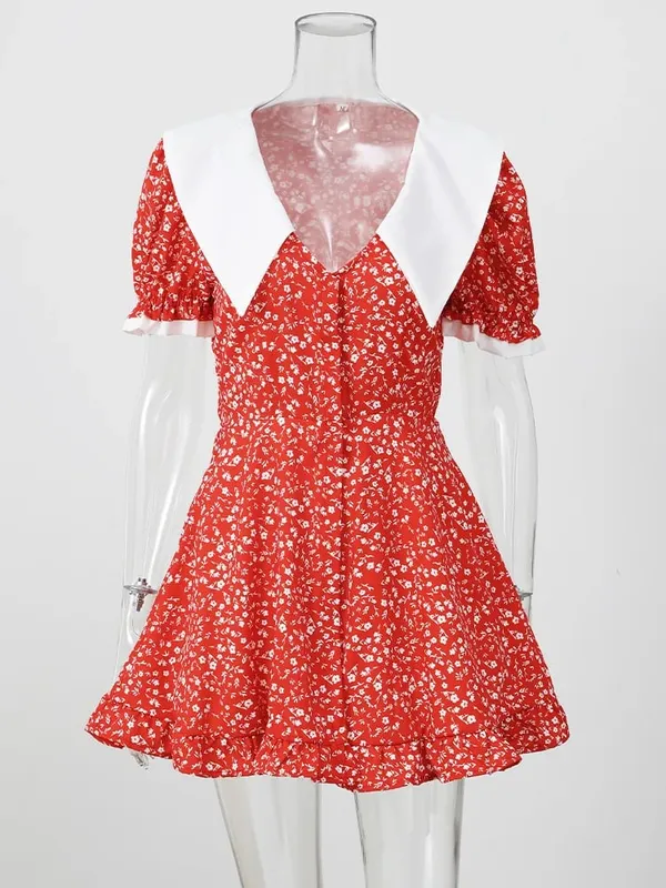 Women Red Floral Printed V-neck Short Sleeved Dress Puff Sleeve Waist Trim Ruffle Slit Hem Mini Dresses 2026 Summer Party Gowns
