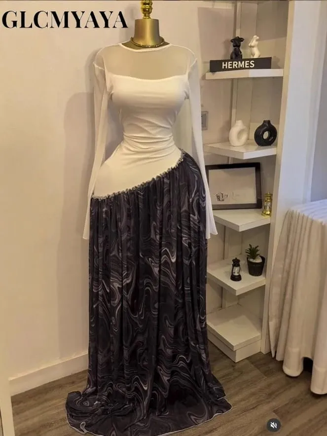 Women Mesh Print Full Sleeve O-neck Elegant Long Maxi Dress Fall Birthday Holiday Evening Sexy Party Dresses Vestidos