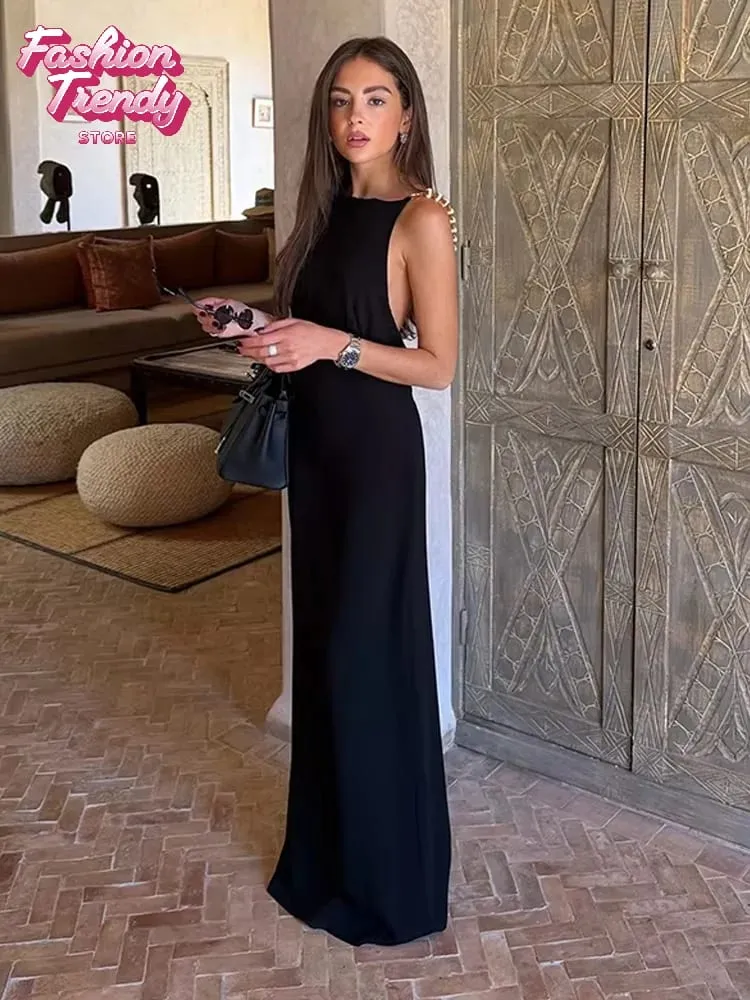 Pevná ohlávka Boční výstřih na zádech Maxi šaty Dámské Strečový dres Délka podlahy Tenké šaty Bodycon Noční klub Rekreační župan