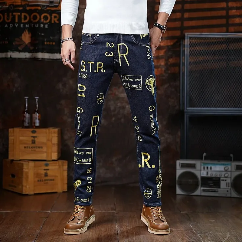 High end 2025 autumn new slim fit small leg pants for men personalized embroidery printed fashion trend jeans