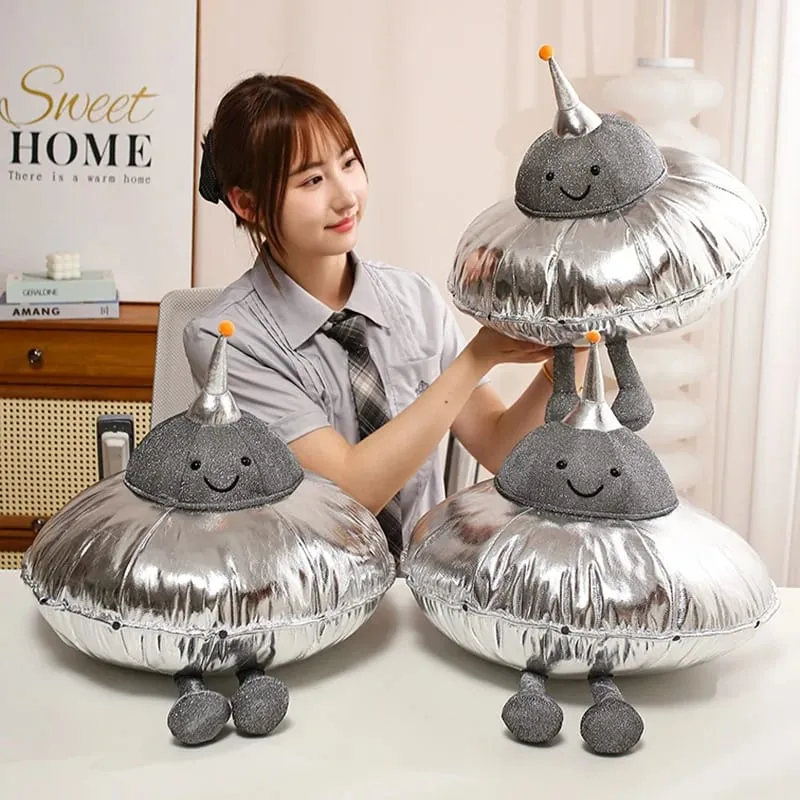 Cute UFO Plush Pillow Silver Metallic Flying‑Saucer Stuffed Toy Soft Alien Spaceship Plush Cushion Space‑themed Home Decor Gift