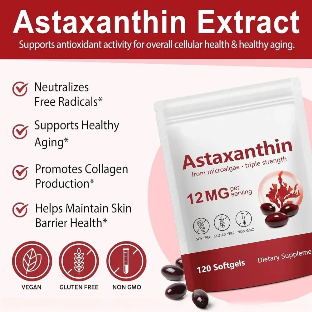 Astaxanthin Softgels 12mg Per Serving Microalgae 120 CT Gluten-Free Soy-Free Non-GMO Vegan Supports Antioxidant Activity