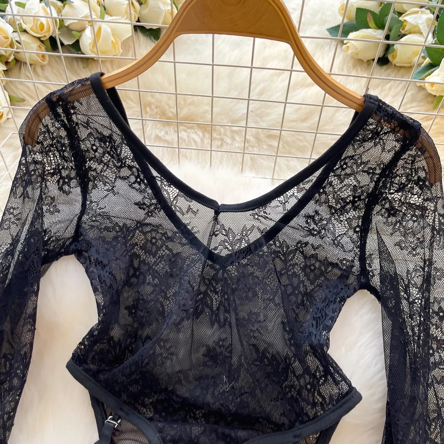 sexy sleeveless lace flare sleeve see through Vintage Straps Bodysuits Jumpsuits Top Hotsweet Clothing — image 4