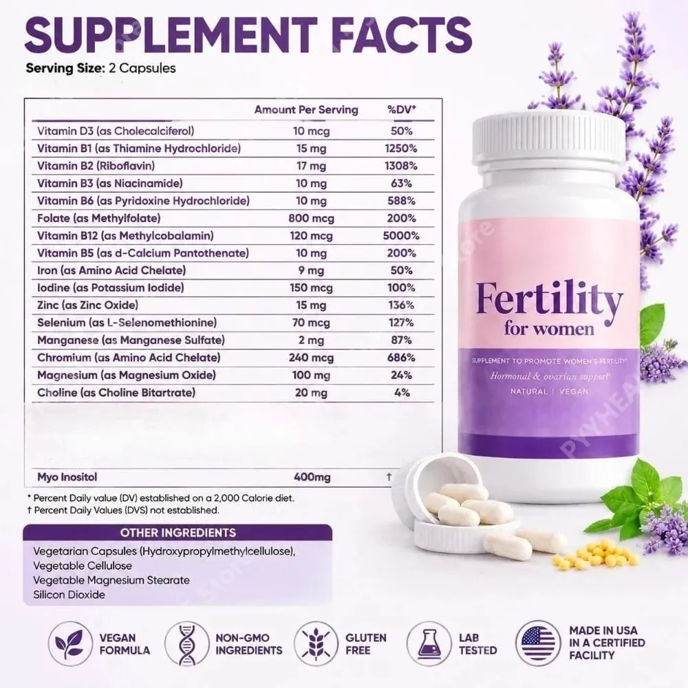 Fertility Capsules for Women Myo Inositol with Methylfolate & Multivitamins Hormonal & Ovarian Support Healthy Ovulation 60 Cts