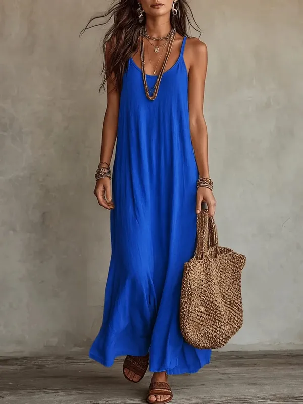 Women's Loose A-Line Long Dress with Thin Straps