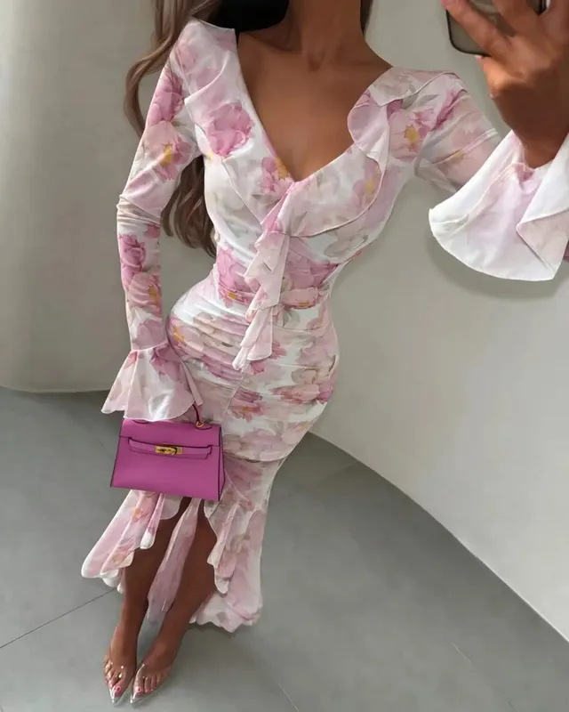 Women Floral Print Chiffon Maxi Dress Romantic Deep V-neck Flutter Sleeve High Low Lace Trim Dress 2026 Summer Elegant Lady Gown
