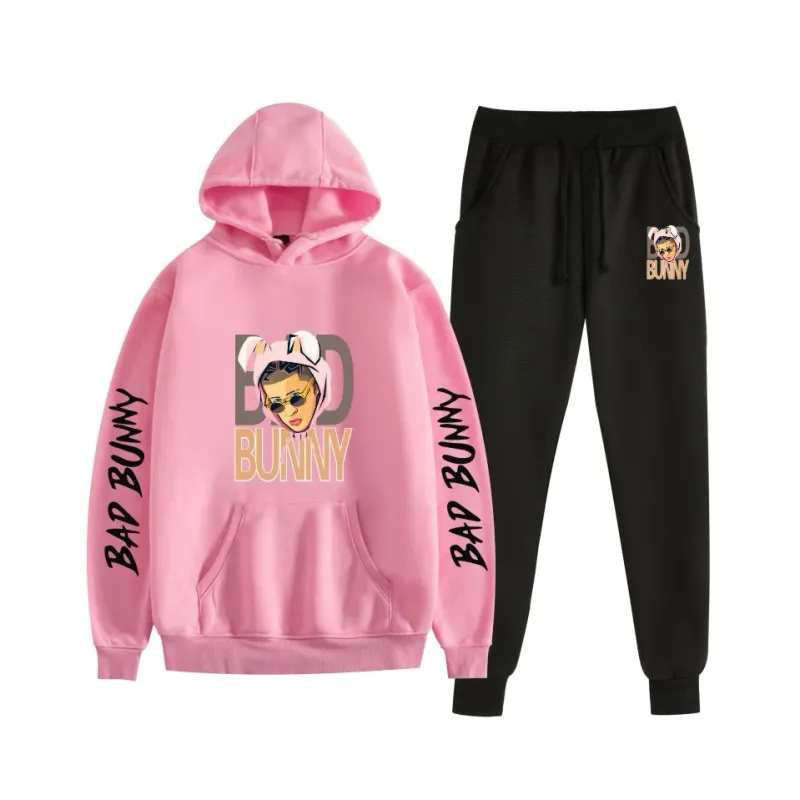 Harajuku Comfortable bad bunny Print Sweatshirt Sweatpants Suit Women's Hoodies+ Trousers Suit Boys/Girls 2 Piece Set Clothes