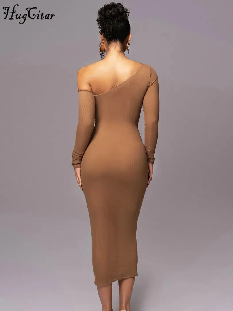 Hugcitar Mesh Solid Diagonal Krave Langærmet Draperet Sexet Gennemsigtig Bodycon Maxikjole Sommermodetøj Festival Club
