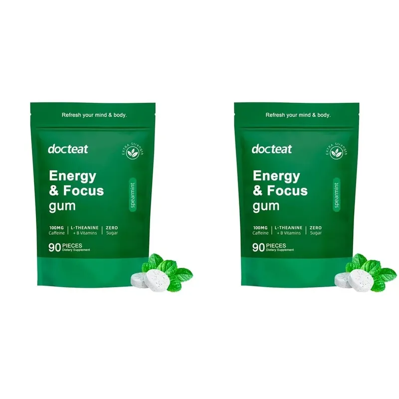 Docteat Energy & Focus Gum Chewable Tablets Zero Sugar with Green Coffee Extract L-Theanine Vitamin B6+B12 90 Chewable Tablets