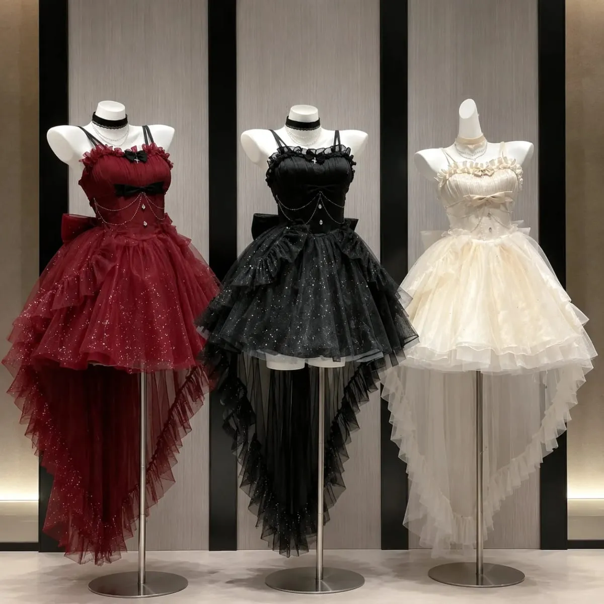 Gothic Red Lolita JSK Dress Women Spaghetti Strap Ruffle Tulle Skirt Chain Bow Decor High Low Hem Vintage Princess Party Dress