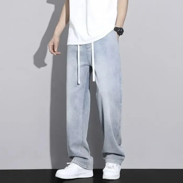 Men's Straight Leg Jeans American High Street High-quality Drawstring Design Daily Casual Loose Pants Washed Polished White